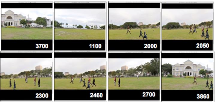 Fig. 8. A series of non-equidistant frames
      from the azimuthal zones used for the modelling of dynamic crowd. The Panoramic view is 2D
      images and the crowd was made like 3D to aid the dynamicity of the movement and this their
      apparent overlapping does not necessary imply a collision.